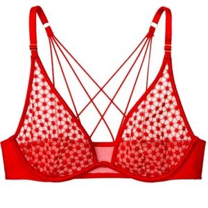 Victoria's Secret Red Lace Unlined Wired Strappy Bra Bralette 36B